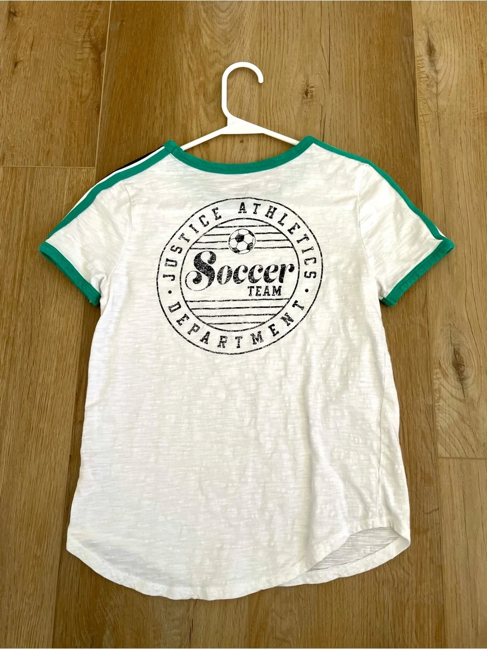 Justice Girls Soccer Team Graphic T Shirt White‎ Green Ringer Stripe Top Size L